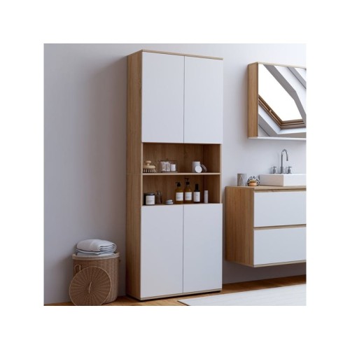 Meuble armoire colonne salle de bain tomi 4 portes 2 niches façon hêtre et blanc
