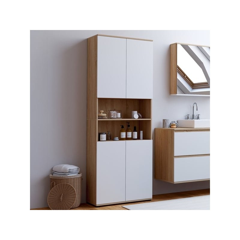 Meuble armoire colonne salle de bain tomi 4 portes 2 niches façon hêtre et blanc