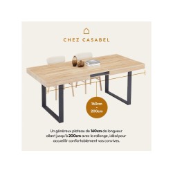 Casabel table à manger extensible, capacité de 6 à 8 personnes, style industriel, plateau de 160 à 200 cm, bois clair et noir