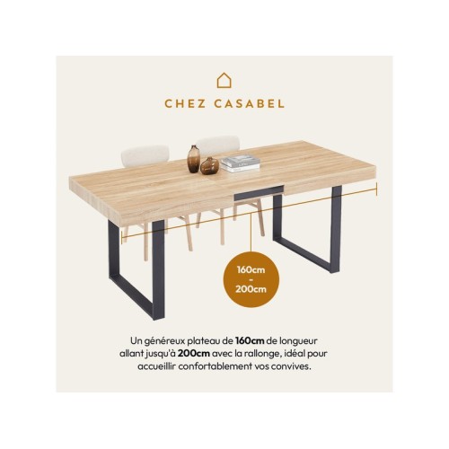 Casabel table à manger extensible, capacité de 6 à 8 personnes, style industriel, plateau de 160 à 200 cm, bois clair et noir