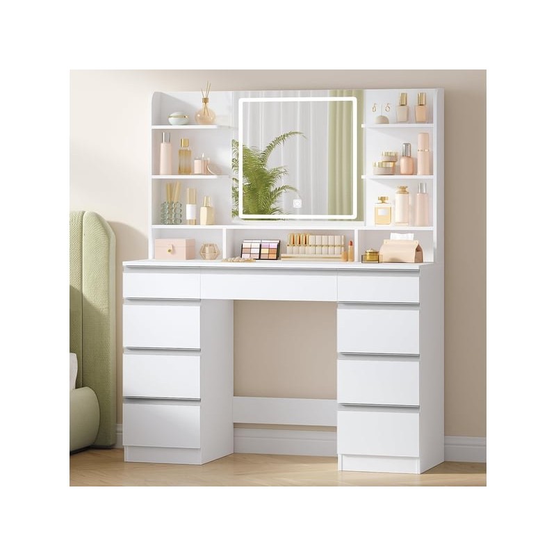 Coiffeuse 9 tiroir(s) Miroir Led avec 0 tabouret inclu    coloris blanc